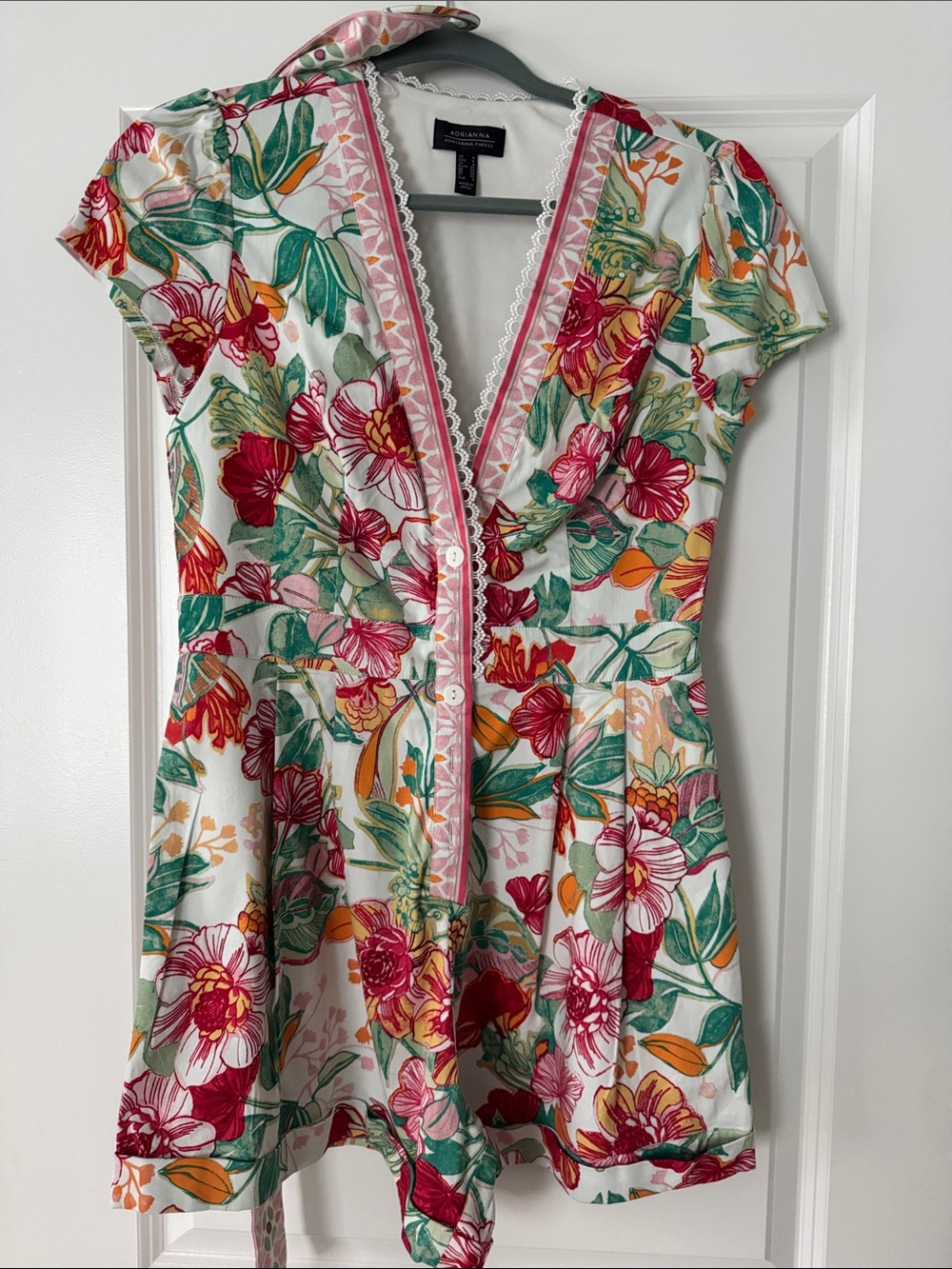 Adrianna Papell White Floral V-Neck Romper with Pink, Green and Orange Accents